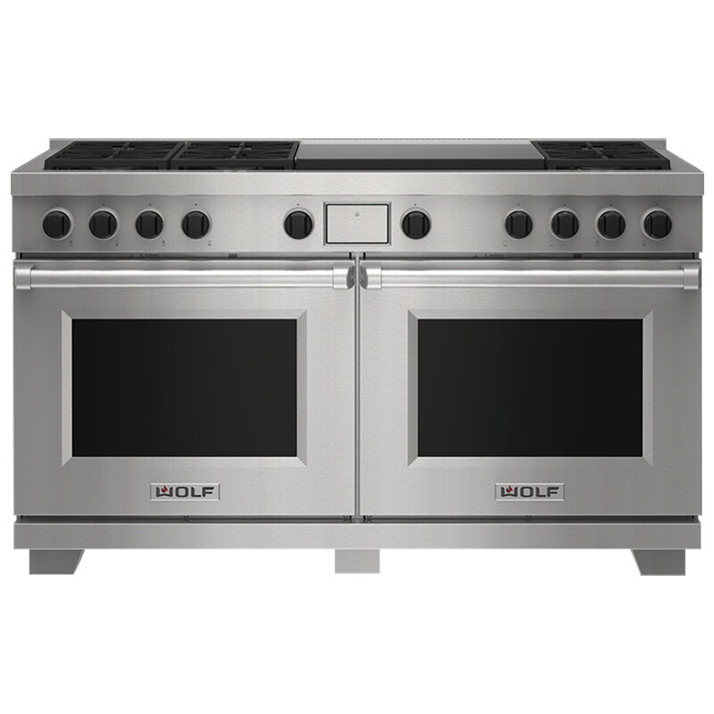 Wolf 60 in. 9.6 cu. ft. Smart Dual Convection Double Oven Dual Fuel Range with 6 Sealed Burners & Griddle - Stainless Steel, , hires
