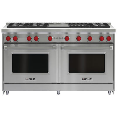 Wolf 60 in. 8.8 cu. ft. Standard Convection Double Oven Gas Range with 6 Sealed Burners, Grill & Griddle - Stainless Steel | GR606CGLP