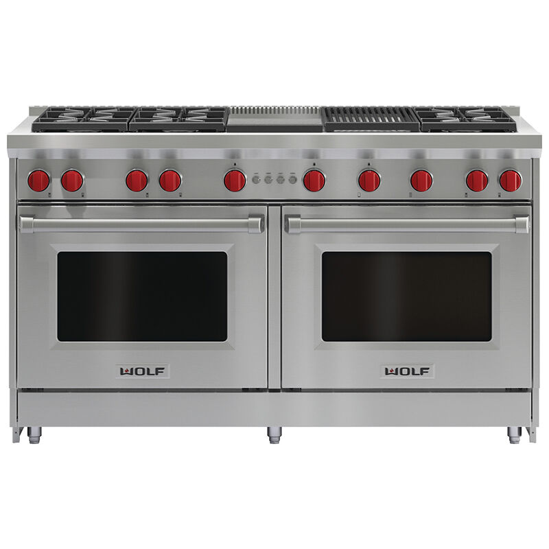 Wolf 60 in. 8.8 cu. ft. Standard Convection Double Oven Gas Range with 6 Sealed Burners, Grill & Griddle - Stainless Steel, , hires