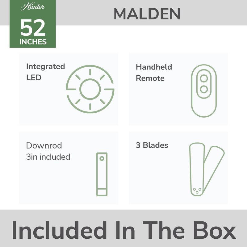Hunter Malden 52 in. Ceiling Fan with LED Light Kit & Handheld Remote - Matte Black, , hires