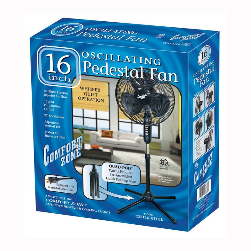 Comfort Zone 16 in. Oscillating Pedestal Fan with 3 Speed Settings & Adjustable Height - Black, , hires