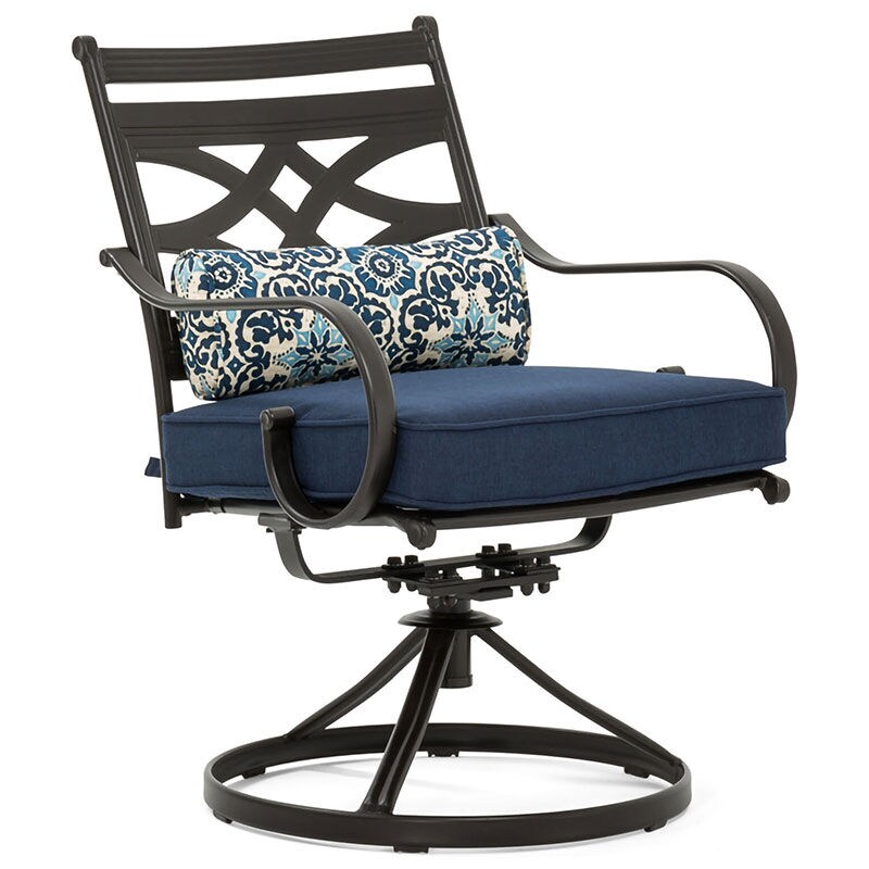 Hanover Montclair 3-Piece Bistro Dining Set with 2 Swivel Rockers and a 27" Square Table - Navy/Brown, , hires