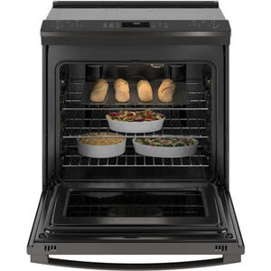 Cafe 30" Slide-In Electric Range with 4 Smoothtop Burners, 5.3 Cu. Ft. Single Oven & Storage Drawer - Black Stainless Steel, , hires