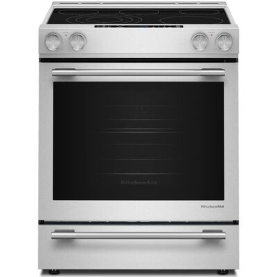 KitchenAid 30 in. 7.1 cu. ft. Air-Fry True European Convection Steam Oven Slide-In Electric Range with Radiant Burners - Stainless Steel with PrintShield Finish | KSES730TPS