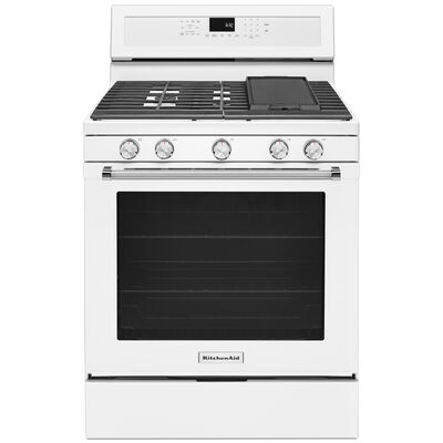 KitchenAid 30 in. 5.8 cu. ft. Convection Oven Freestanding Gas Range with 5 Sealed Burners & Griddle - White | KFGG500EWH