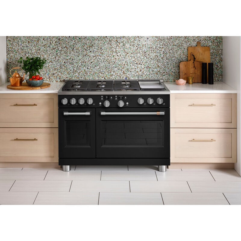 Cafe Commercial-Style 48 in. 8.2 cu. ft. Smart Air Fry True European Convection Double Oven Dual Fuel Range with 6 Sealed Burners & Griddle - Matte Black, Matte Black, hires