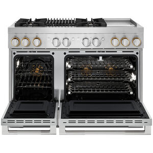 JennAir Rise Series 48 in. 4.1 cu. ft. Smart Convection Double Oven Freestanding Dual Fuel Range with 4 Sealed Burners, Grill & Griddle - Stainless Steel, , hires