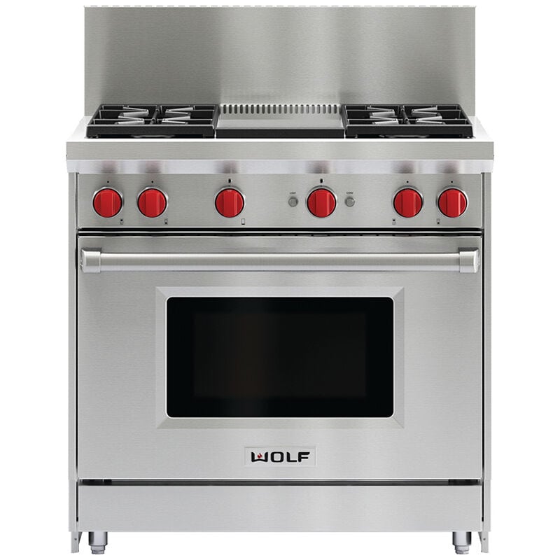 Wolf 36 in. 5.5 cu. ft. Oven Freestanding Gas Range with 4 Sealed Burners & Griddle - Stainless Steel, , hires