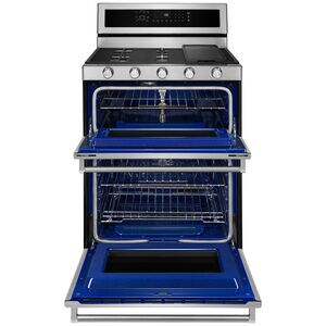 KitchenAid 30 in. 6 cu. ft. True European Convection Double Oven Gas Range with 5 Sealed Burners & Griddle - Stainless Steel, Stainless Steel, hires