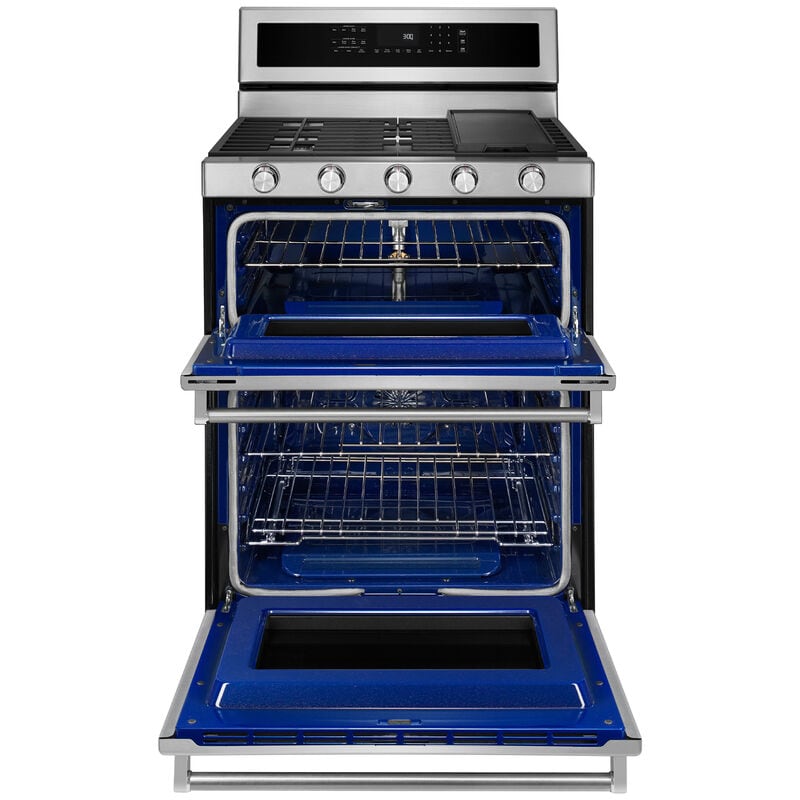 KitchenAid 30 in. 6 cu. ft. True European Convection Double Oven Gas Range with 5 Sealed Burners & Griddle - Stainless Steel, Stainless Steel, hires