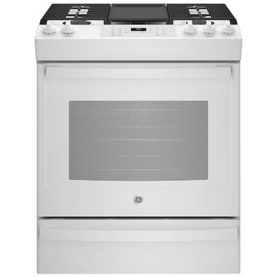 GE 30 in. 5.6 cu. ft. Smart Air Fry Convection Oven Slide-In Gas Range with 5 Sealed Burners & Griddle - White | JGS760DPWW