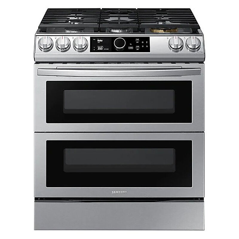 Samsung 30 in. 6.3 cu. ft. Smart Air Fry Convection Double Oven Slide-In Dual  Fuel Range with 5 Sealed Burners & Griddle - Black with Stainless Steel