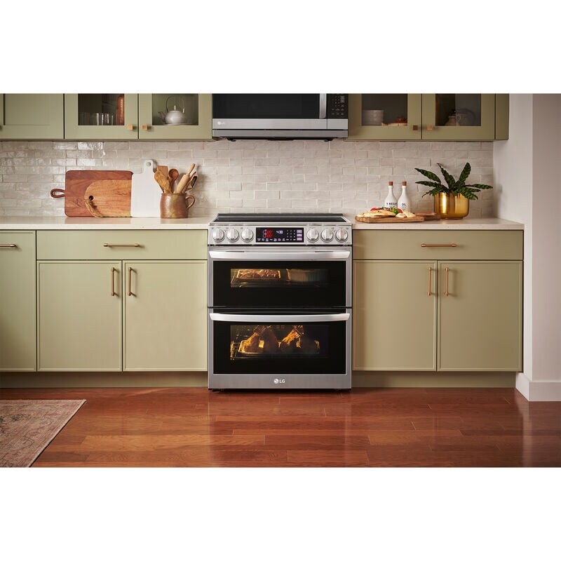 LG InstaView 30 in. 7.3 cu. ft. Smart Air Fry True European Convection Double Oven Slide-In Electric Range with Smoothtop Burners - PrintProof Stainless Steel, PrintProof Stainless Steel, hires
