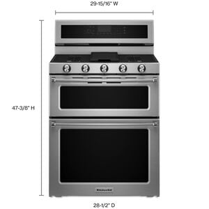 KitchenAid 30 in. 6.7 cu. ft. True European Convection Double Oven Dual Fuel Range with 5 Sealed Burners & Griddle - Stainless Steel, , hires