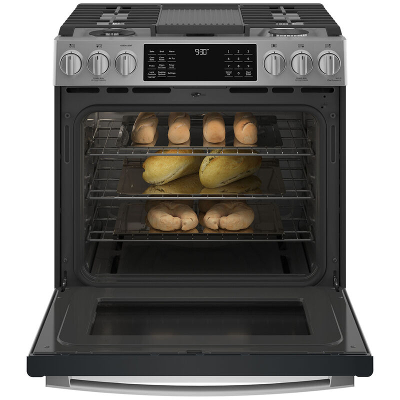 GE Profile 30 in. 5.6 cu. ft. Smart Air Fry True European Convection Slide-In Gas Range with 5 Sealed Burners, Grill & Griddle - Stainless Steel, , hires