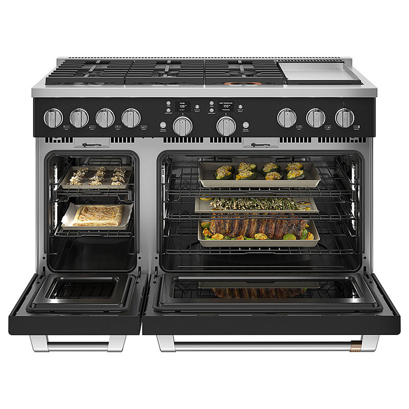 Cafe Commercial-Style 48 in. 8.2 cu. ft. Smart Air Fry True European Convection Double Oven Dual Fuel Range with 6 Sealed Burners & Griddle - Matte Black, Matte Black, hires