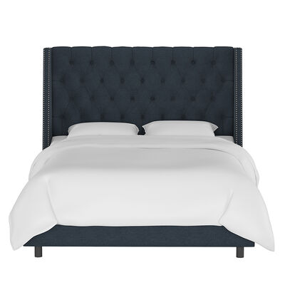 Skyline King Nail Button Tufted Wingback Bed in Linen - Navy | 123NBBEDPWLN
