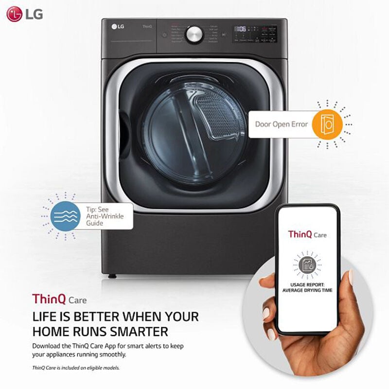 LG 29 in. 9.0 cu. ft. Smart Stackable Electric Dryer with Built-In Intelligence, TurboSteam Technology & Sensor Dry - Black Steel, Black Steel, hires