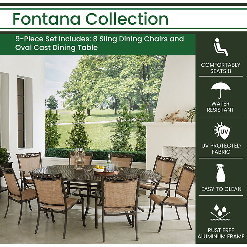 x 84-in FNTDN9PCC Outdoor Furniture Cast-Top Table Tan Hanover Fontana 9-Piece Dining Set with 8 Sling Chairs and a 42-in 