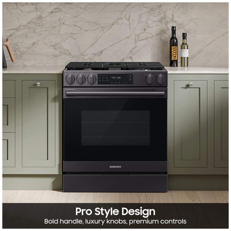 Samsung Bespoke 30 in. 6.0 cu. ft. Smart Air-Fry True European Convection Slide-In Gas Range with 5 Sealed Burners & Griddle - Matte Black Steel, Matte Black Steel, hires