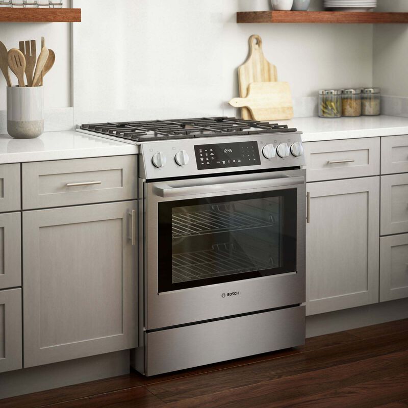 Bosch Benchmark Series 30" Slide-In Dual Fuel Range with 5 Sealed Burners, 4.6 Cu. Ft. Single Oven & Warming Drawer - Stainless Steel, , hires