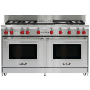 Wolf 60 in. 8.8 cu. ft. Standard Convection Double Oven Gas Range with 6 Sealed Burners, Grill & Griddle - Stainless Steel, , hires