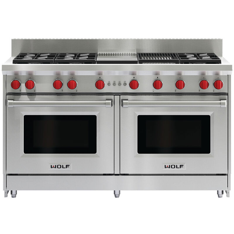 Wolf 60 in. 8.8 cu. ft. Standard Convection Double Oven Gas Range with 6 Sealed Burners, Grill & Griddle - Stainless Steel, , hires