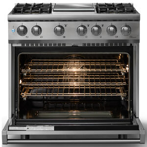 Viking 5 Series 36 in. 5.6 cu. ft. True European Convection Dual Fuel Range with 4 Sealed Burners & Griddle - Stainless Steel, , hires