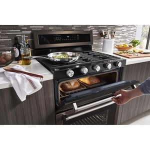 KitchenAid 30 in. 6 cu. ft. True European Convection Double Oven Gas Range with 5 Sealed Burners & Griddle - Black Stainless, , hires