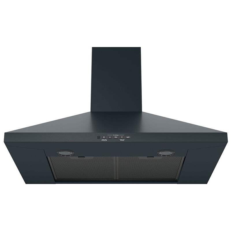 GE 30 in. Convertible Chimney Style Range Hood with 350 CFM, 4 Fan Speeds & 2 Halogen Lights - Black Slate, , hires