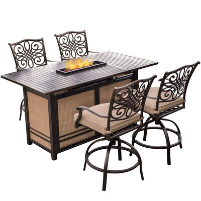 Hanover Traditions 5-Piece 69" Rectangle Fire Pit Top Bar Height Dining Set with Swivel Chairs - Tan | TRAD5PCFPBR