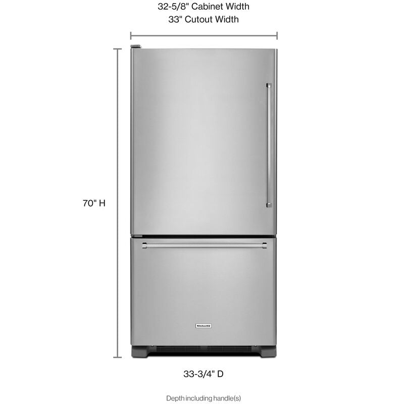 KitchenAid 33 in. 22 cu. ft. Bottom Freezer Refrigerator Left Hinged - Stainless Steel, , hires