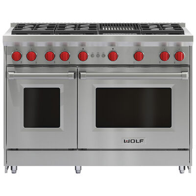 Wolf 48 in. 6.9 cu. ft. Double Oven Freestanding LP Gas Range with 6 Sealed Burners - Stainless Steel | GR486CLP
