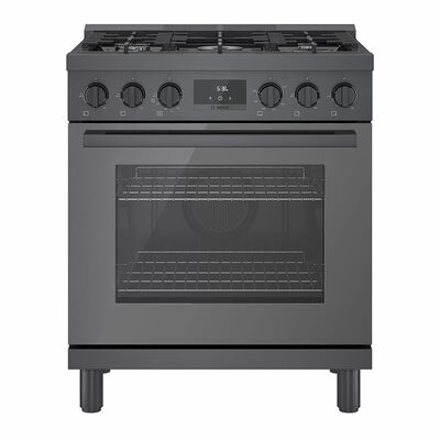 Bosch 800 Series 30 in. 3.7 cu. ft. Convection Oven Freestanding Gas Range with 5 Sealed Burners - Black with Stainless Steel | HGS8045UC