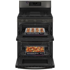 GE Profile 30 in. 6.8 cu. ft. Smart Air Fry True European Convection Double Oven Gas Range with 5 Sealed Burners, Grill & Griddle - Black Stainless, Black Stainless, hires