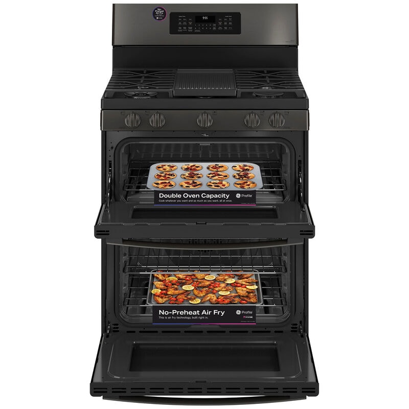 GE Profile 30 in. 6.8 cu. ft. Smart Air Fry True European Convection Double Oven Gas Range with 5 Sealed Burners, Grill & Griddle - Black Stainless, Black Stainless, hires