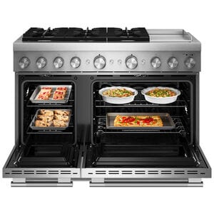KitchenAid Commercial-Style 48 in. 6.3 cu. ft. Air-Fry True European Convection Double Oven Dual Fuel Range with 6 Sealed Burners & Griddle - Stainless Steel, , hires