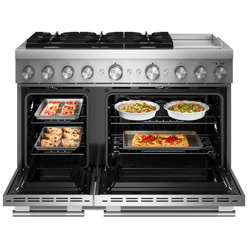 KitchenAid Commercial-Style 48 in. 6.3 cu. ft. Air-Fry True European Convection Double Oven Dual Fuel Range with 6 Sealed Burners & Griddle - Stainless Steel, , hires
