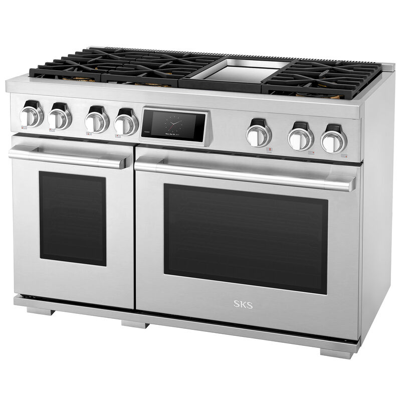 SKS 48 in. 7.9 cu. ft. Smart Standard Convection Steam Double Oven Dual Fuel Range with 6 Sealed Burners & Griddle - Stainless Steel, , hires