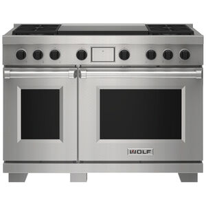Wolf 48 in. 7.8 cu. ft. Smart Convection Double Oven Freestanding Dual Fuel Range with 4 Sealed Burners & Griddle - Stainless Steel, , hires