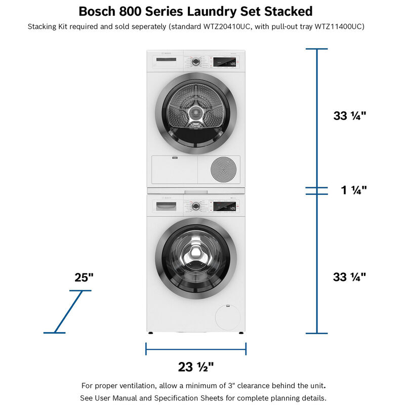 Bosch 800 Series 24 in. 4.0 cu. ft. Smart Stackable Ventless Compact Condensation Electric Dryer with Sanitize Cycle & Sensor Dry - White, , hires