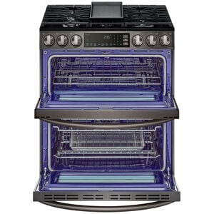 LG InstaView 30 in. 6.9 cu. ft. Smart Air Fry True European Convection Double Oven Slide-In Gas Range with 5 Sealed Burners & Griddle - PrintProof Black Stainless Steel, PrintProof Black Stainless Steel, hires