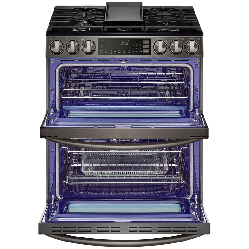 LG InstaView 30 in. 6.9 cu. ft. Smart Air Fry True European Convection Double Oven Slide-In Gas Range with 5 Sealed Burners & Griddle - PrintProof Black Stainless Steel, PrintProof Black Stainless Steel, hires