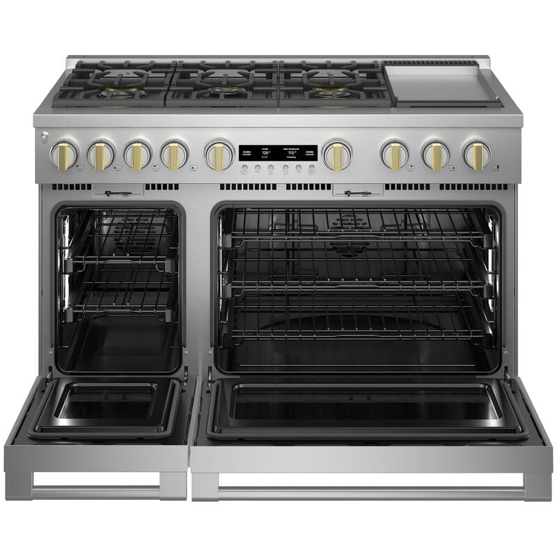 Monogram Statement Series 48 in. 8.2 cu. ft. Smart Air Fry True European Convection Double Oven Dual Fuel Range with 6 Sealed Burners & Griddle - Stainless Steel, , hires