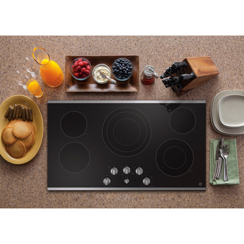 GE 36 in. 5-Burner Electric Cooktop with Simmer Burner & 2 Power Burners - Stainless Steel, , hires