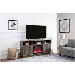 Lilola Ambrose 70"W Gray Walnut Finish Fireplace TV Stand Console with Heater, LED Light, Cabinets, Shelves, , hires