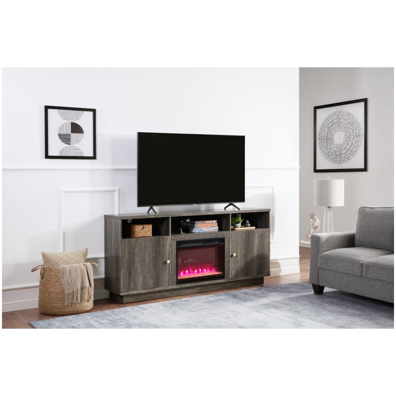 Lilola Ambrose 70"W Gray Walnut Finish Fireplace TV Stand Console with Heater, LED Light, Cabinets, Shelves, , hires