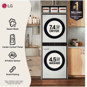 LG 27 in. WashTower with 4.5 cu. ft. Washer with 6 Wash Programs & 7.4 cu. ft. Electric Dryer with 6 Dryer Programs, Sensor Dry & Wrinkle Care - White, White, hires