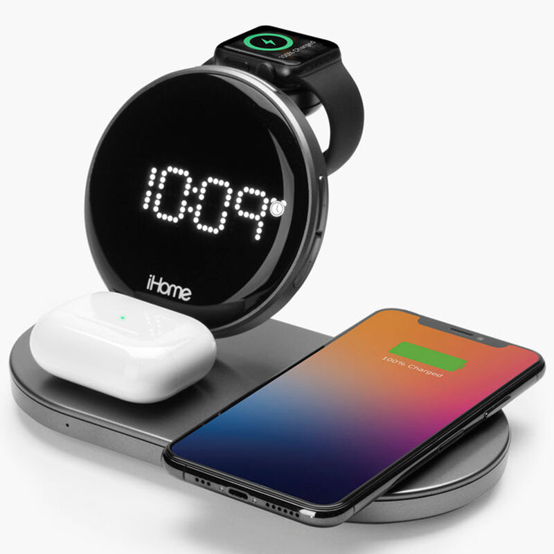 iHome Quad 4-in-1 Dual Qi 15W Wireless Fast Charger, AirPod Charging, Apple Watch Charger, and USB Charging Alarm Clock - Gray (IWW33), , hires