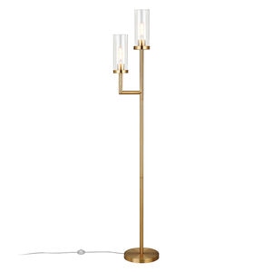 Hudson & Canal Basso Brass Torchiere 2-Light Floor lamp with Clear Glass Shades, , hires